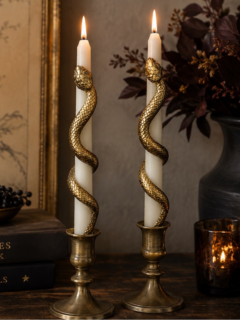 Anthropologie Gold Snake Taper Candles Set of 2 Ivory Gothic Halloween NIB